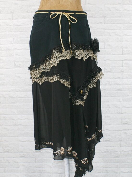 Hand Crafted Dresses & Skirts - HAND CRAFTED Skirt Denim Maxi Upcycled Lace Floral Fringe Black Gold  12